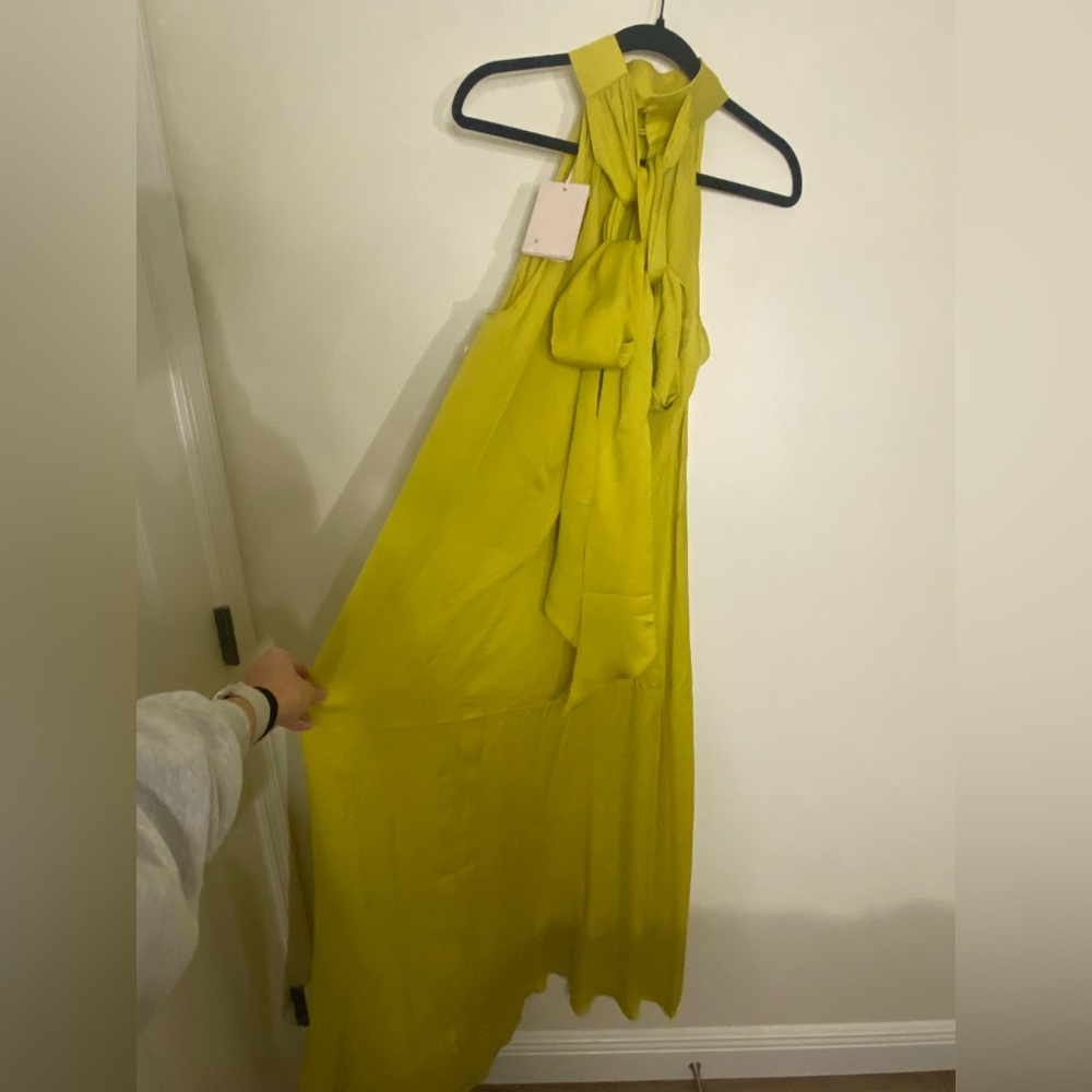 Wiggy Kit NWT The Aster Dress Chartreuse Hammered Silk Maxi High Neck Medium - Picture 4 of 15